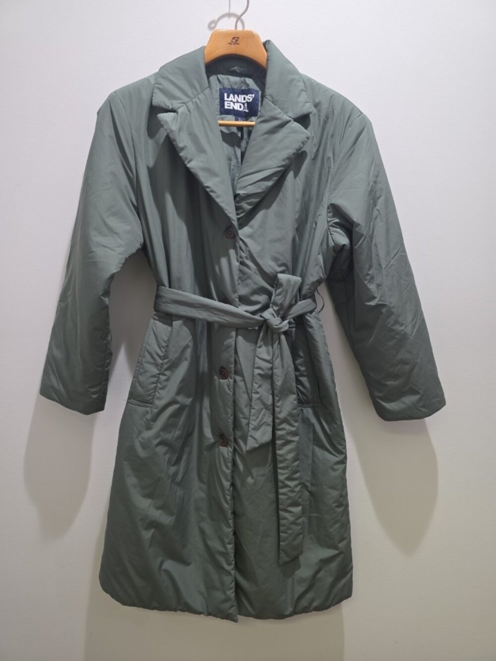 Lands End Primaloft Goose Down Long Puffer Trench Coat Green Jacket Womens Large